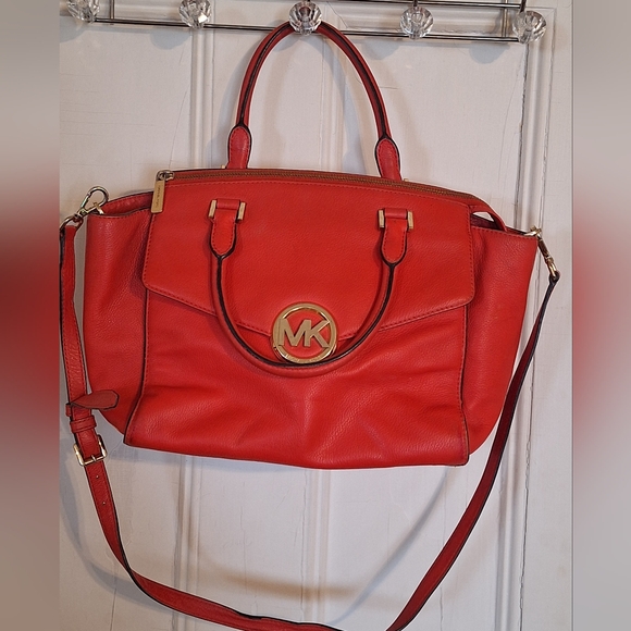 Michael Kors Hudson Large Satchel Red Orange Pebble Leather - Picture 1 of 14